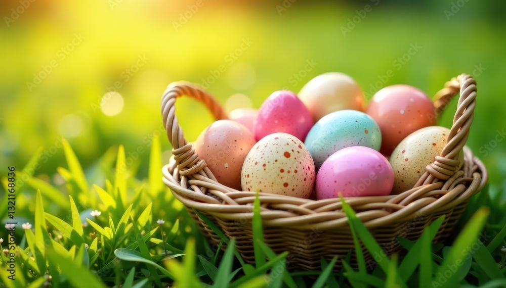 Vibrant speckled eggs in a woven basket, sunlit meadow backdrop, decoration, countryside Vibrant speckled eggs in a woven basket, sunlit meadow backdrop, decoration, countryside
