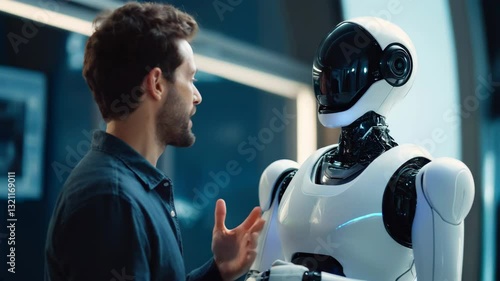 Male Engineer and Humanoid Robot Collaborate on Innovative Technologies in a High-Tech Laboratory