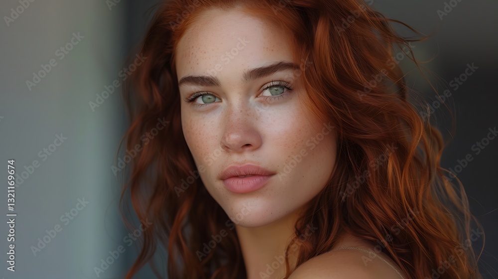 Portrait of a Beautiful Woman with Fiery Red Hair and Striking Green Eyes in Natural Light Setting Portrait of a Beautiful Woman with Fiery Red Hair and Striking Green Eyes in Natural Light Setting