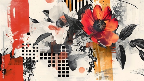 Vibrant Abstract Floral Design Featuring Bold Flowers Against a Dynamic Artistic Background with Geometric Shapes