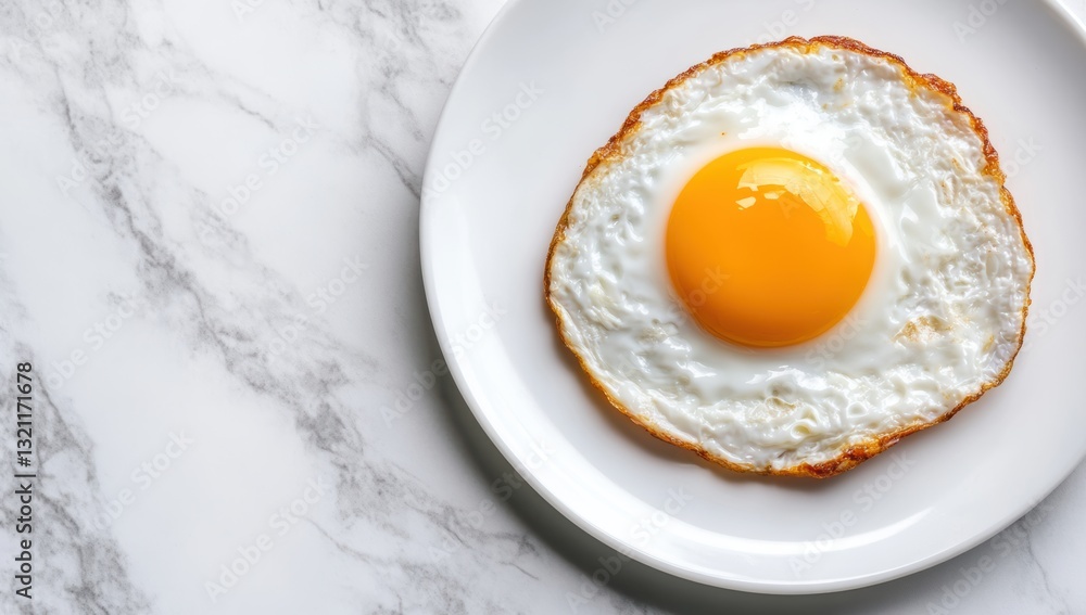 Perfectly cooked fried egg with crispy golden edges and glossy yolk served on a white plate placed on a marble countertop ideal for breakfast Perfectly cooked fried egg with crispy golden edges and glossy yolk served on a white plate placed on a marble countertop ideal for breakfast