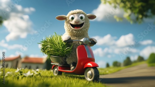 Cute sheep on a red scooter carrying grass
