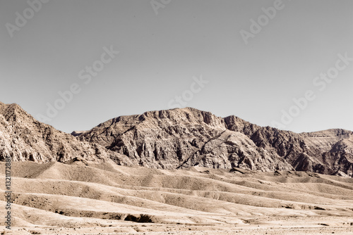 Rugged, arid landscape in eastern Iran, the Middle East. Mountains and vast plains.