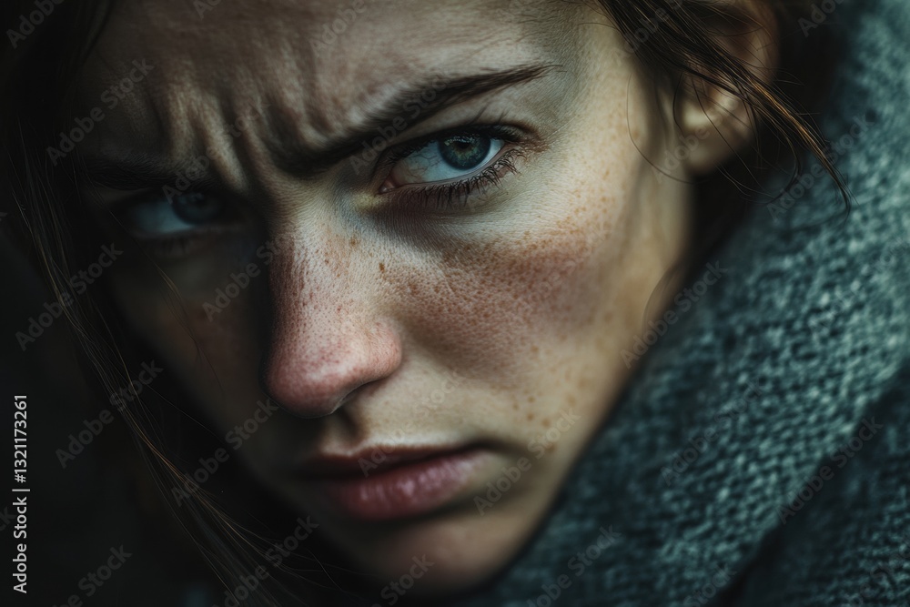 Portrait of young woman with freckles showing an angry expression Portrait of young woman with freckles showing an angry expression