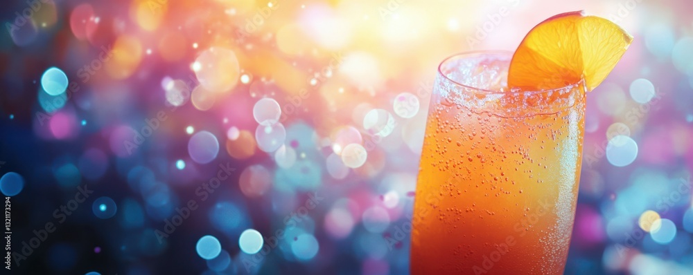 Refreshing orange cocktail with bubbles and citrus slice against colorful bokeh background Refreshing orange cocktail with bubbles and citrus slice against colorful bokeh background