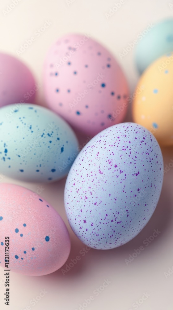 Colorful pastel eggs with speckles arranged creatively on a light surface in preparation for an Easter celebration Colorful pastel eggs with speckles arranged creatively on a light surface in preparation for an Easter celebration