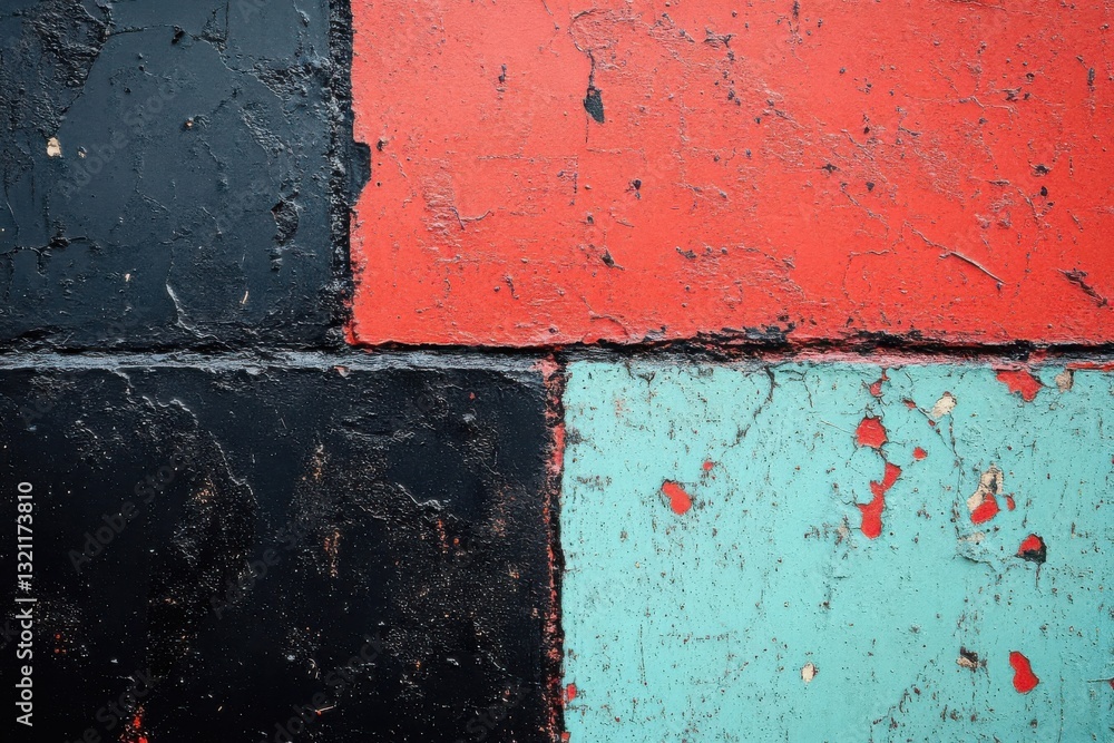 Fototapeta premium Colorful abstract wall with chipped paint displaying black, red, and turquoise patches in an urban setting captured during daylight