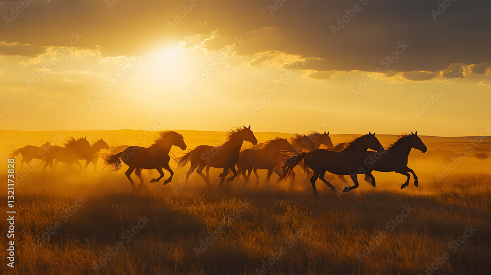 Obraz premium Majestic Wild Horses Running Through a Golden Field at Sunset