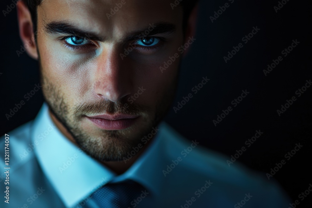 Obraz premium Serious businessman staring with blue eyes and dark background