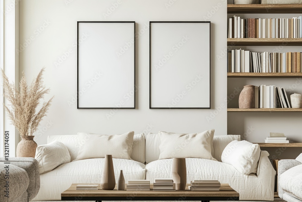 Fototapeta premium Modern minimalist living room with neutral tones