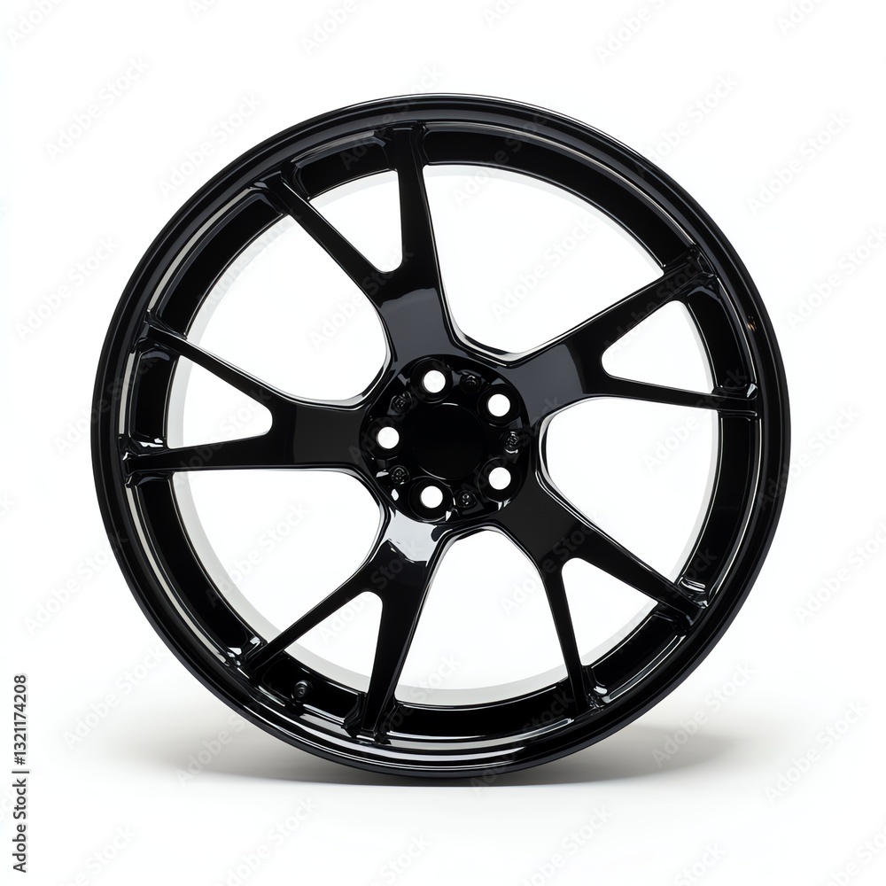 Obraz premium Shiny Black Car Wheel with Spokes Isolated on White Background