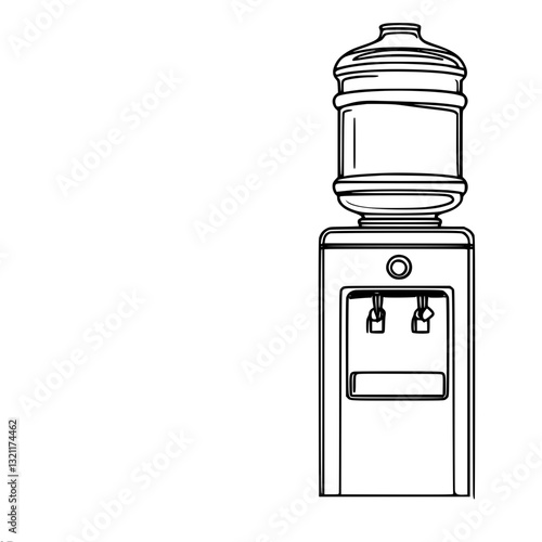 Minimalistic linear vector outline drawing of water cooler with bottle on top and two taps for hot and cold water, close up