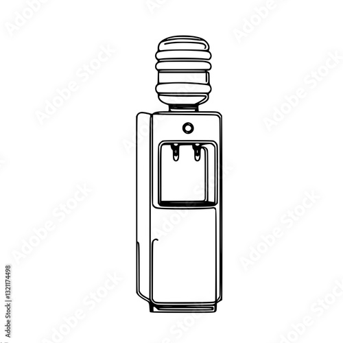 Minimalistic linear vector outline drawing of water cooler with medium bottle on top and two taps for hot and cold water.