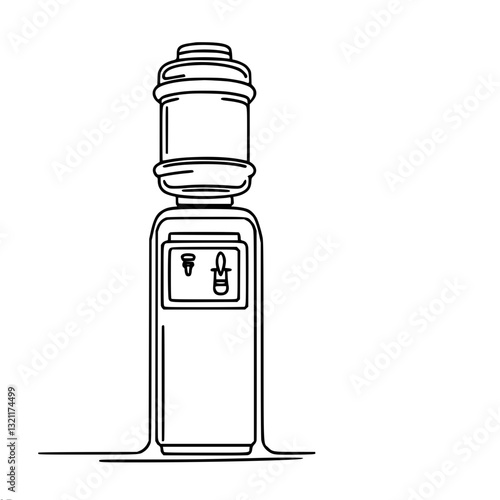 Minimalistic linear vector outline drawing of a water cooler with a large bottle on top and two taps for hot and cold water.
