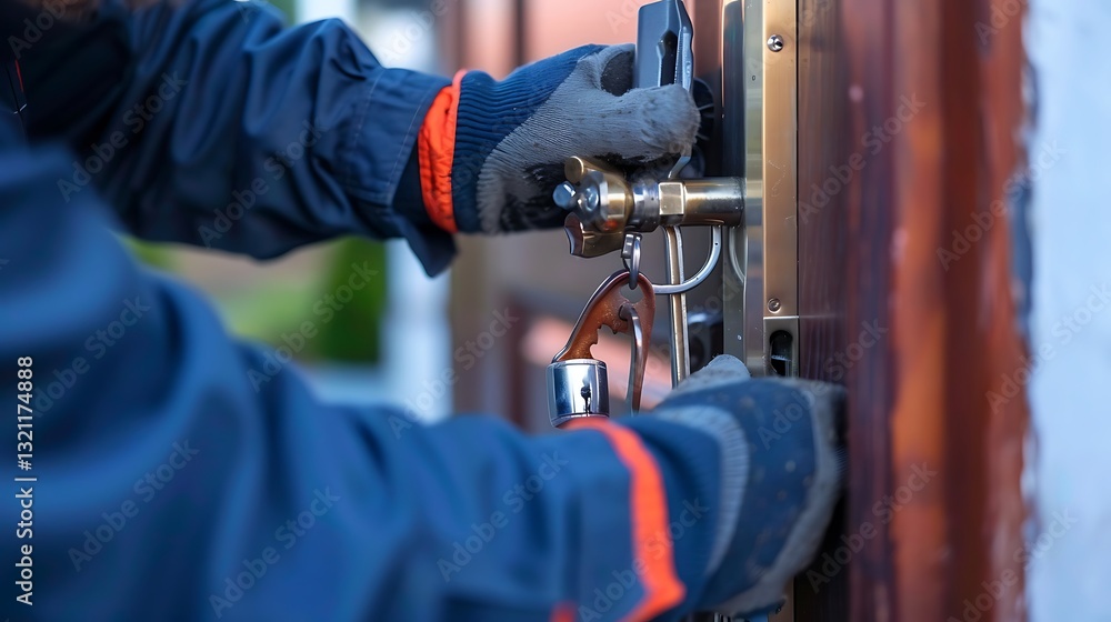 Close-Up of a Person Installing Lock Mechanism on a Wooden Door Using Tools and Gloves for Home Security Close-Up of a Person Installing Lock Mechanism on a Wooden Door Using Tools and Gloves for Home Security