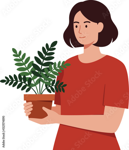 Woman holding potted plant in minimal flat design vector illustration