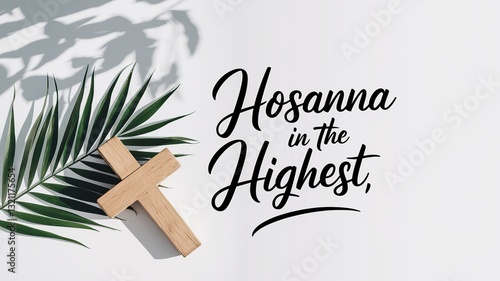 Palm Sunday Celebration – Wooden Cross, Palm Leaf, and Hosanna in the Highest Text