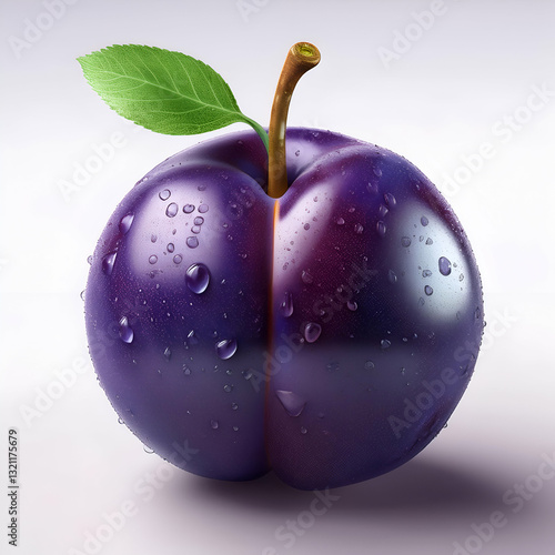A Glistening Plum, Plump And Perfect, Its Deep Purple Skin Shimmering With Morning Dew, A Vibrant Jewel Of Natures Bounty Against A Soft, Neutral Background