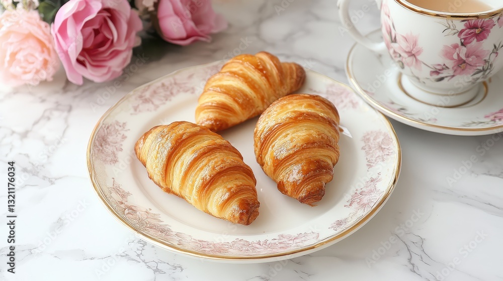 Flaky Croissants on Decorative Plate with Delicate Flowers and Fine China Tea Cup Flaky Croissants on Decorative Plate with Delicate Flowers and Fine China Tea Cup