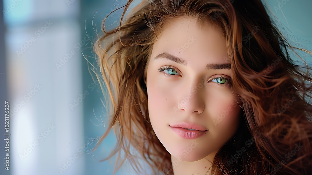 Naklejka premium Captivating Portrait of a Young Woman with Bright Eyes and Windswept Hair in Natural Light Setting