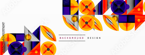Geometric abstract composition with intersecting shapes, circles, triangles, and gradients, blending vibrant colors and dynamic contrasts to create a modern, futuristic visual design