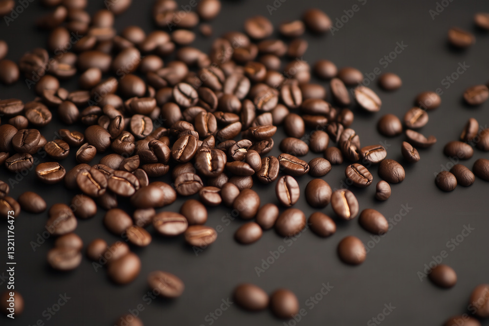 Rich, roasted coffee beans are displayed on a dark background, ready to be ground and brewed. Rich, roasted coffee beans are displayed on a dark background, ready to be ground and brewed.