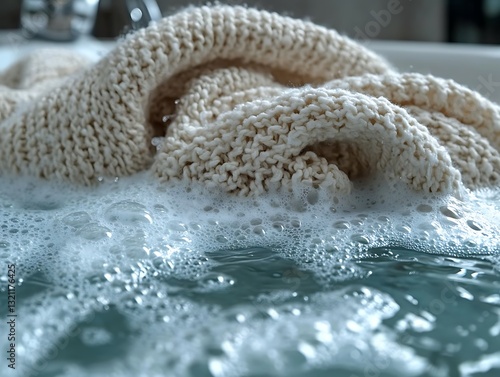 Close-up of a soft white knitted sweater in gentle wash with bubbles.