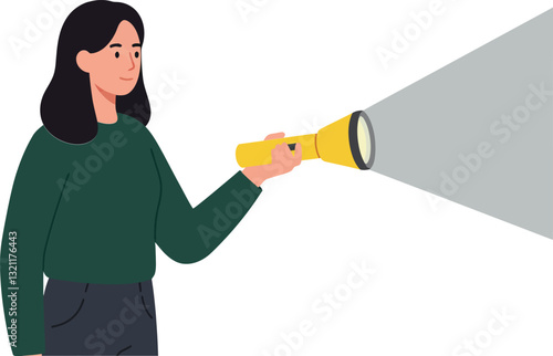 Woman holding flashlight in detailed flat style vector illustration