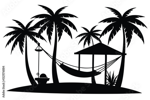 Hammock between palm trees in black color. Glyph icon relaxes. Palm trees on the beach. Summer logotype Vector