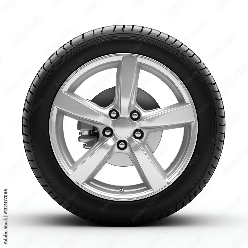 Car Tire on White Background Showcasing Tread and Silver Alloy Rim Car Tire on White Background Showcasing Tread and Silver Alloy Rim