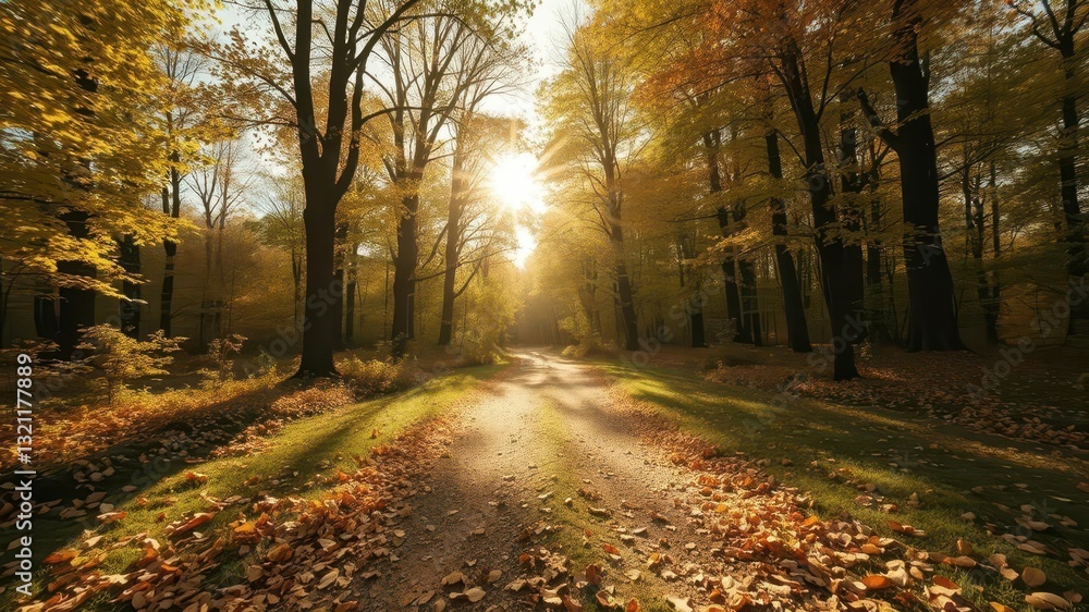 Fototapeta premium Sunlit autumn forest path, golden leaves, vibrant colors, golden autumn, trees