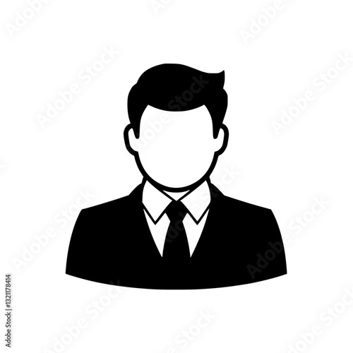 A stylized icon of a man in a suit Minimalist design with bold lines and a monochrome palette Professional figure with tie collar and dark hair Symbol of business