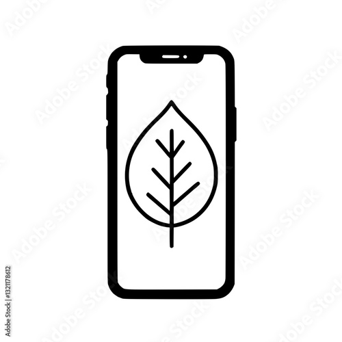 Eco-Friendly Mobile App: Minimalist icon featuring a leaf symbol displayed on a mobile phone screen Represents nature sustainability and technology