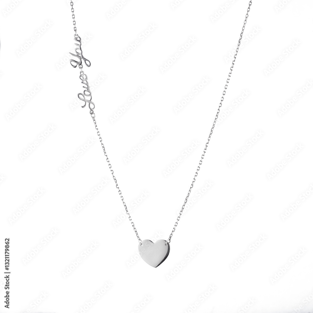 Elegant Silver Heart Pendant Necklace on a Delicate Chain, Transparent Background