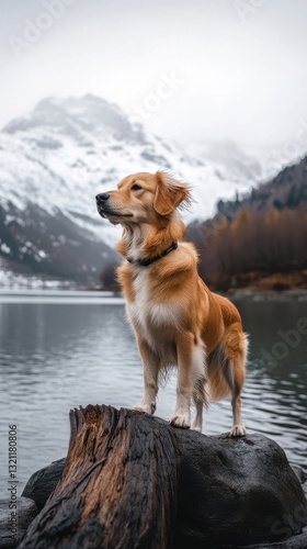 Golden retriever stands proudly on a rock by a serene lake surrounded by snowy mountains on a cloudy day