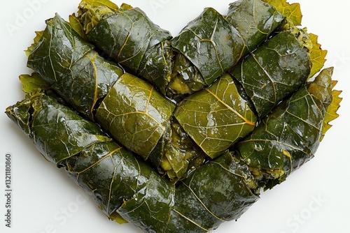 Heart-shaped dish made from vine leaves stuffed with rice, herbs, and spices in a creative arrangement on a white plate