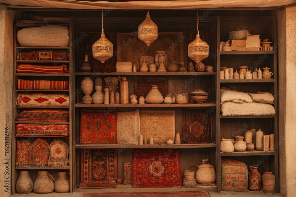 Minimalist Display of Handcrafted Pottery and Textiles in a Rustic Market Setting Minimalist Display of Handcrafted Pottery and Textiles in a Rustic Market Setting