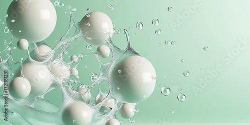 Close-up view of an abstract image featuring numerous off-white spheres seemingly suspended within a translucent, light-green liquid
