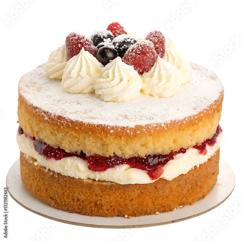 Most liked and delicious Victoria sponge cake illustration isolated on white background. A big cake with Cream and fruits on it.