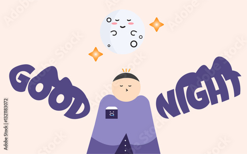 Illustration capturing the essence of a peaceful night, a sleepy character dressed in soft purple tones, accompanied by a smiling moon and twinkling stars.