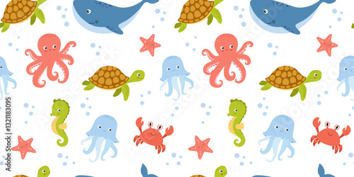 Seamless pattern with sea animals on white background, underwater life, vector illustrations. Nautical repeating design for nursery and kids