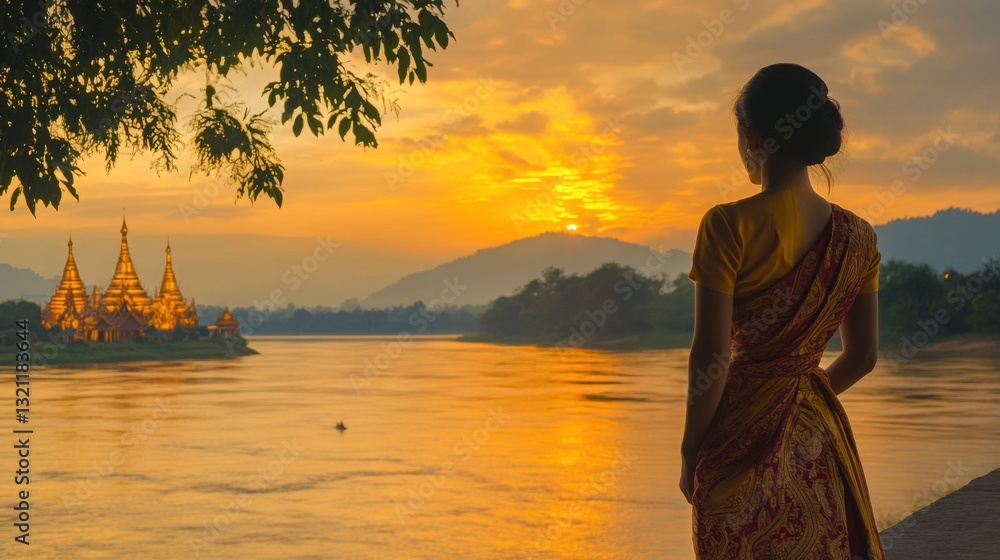 Fototapeta premium Serene Sunset Over Water with Woman in Traditional Dress