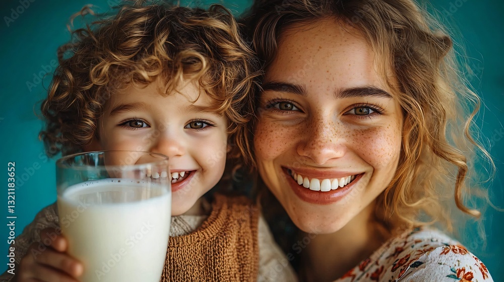 custom made wallpaper toronto digitalA joyful mother and child share a moment with milk, perfect for family-oriented campaigns, health promotions, or children's events.