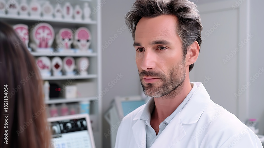 Fototapeta premium Professional Male Dermatologist in White Lab Coat Engaging with Patient in Modern Clinic Environment