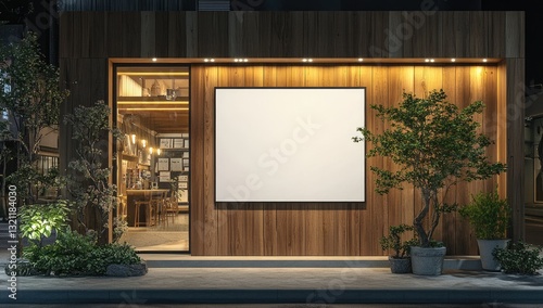 Wooden storefront at night with blank signage