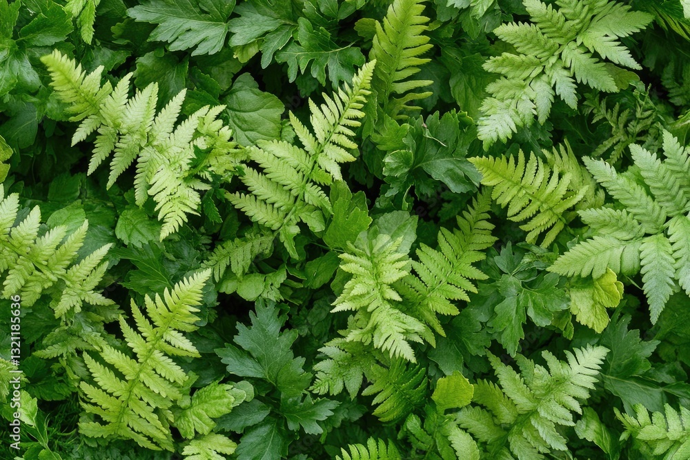 Lush fern foliage carpet. A dense ground cover of vibrant green ferns, varying in shade and size, creates a rich tapestry. Fronds are intricate and detailed, showcasing the beauty of nature Lush fern foliage carpet. A dense ground cover of vibrant green ferns, varying in shade and size, creates a rich tapestry. Fronds are intricate and detailed, showcasing the beauty of nature
