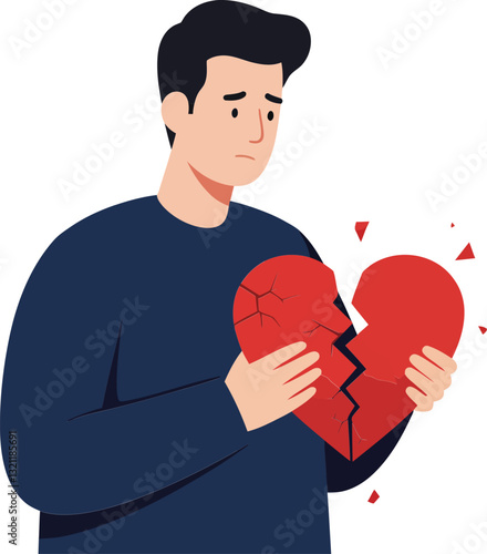 Sad man holding a broken heart in flat vector illustration style