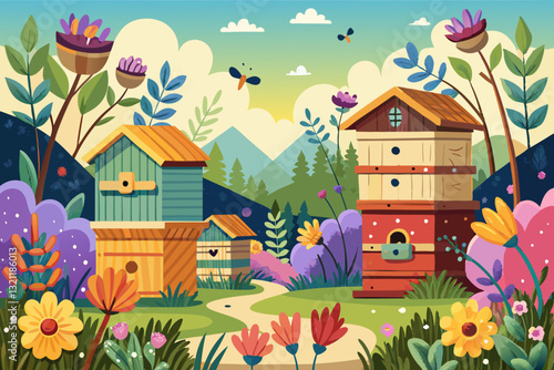 charming honeybee farm with wooden hives, surrounded by wildflowers in bloom.