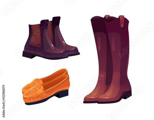 Set of Autumn Shoes. Chelsea Shoes, Loafers and Knee High Boots Readings. Women Footwear. Vector Illustration in Cartoon Style.