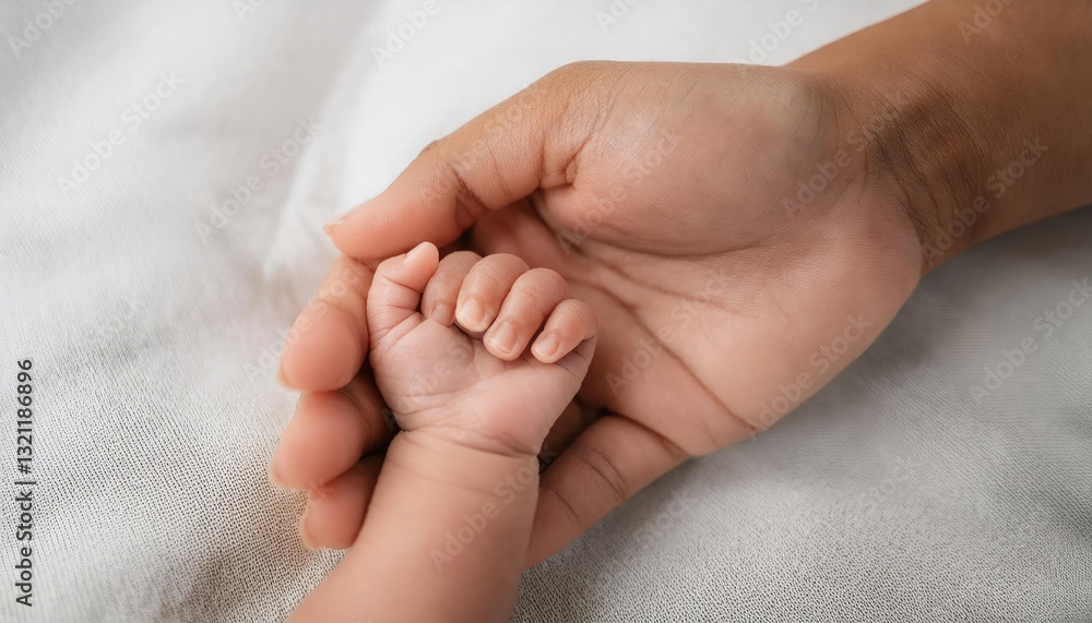Close-up little hand of child baby holding hand of mother, A newborn holds on to mom's, dad's finger Close-up little hand of child baby holding hand of mother, A newborn holds on to mom's, dad's finger